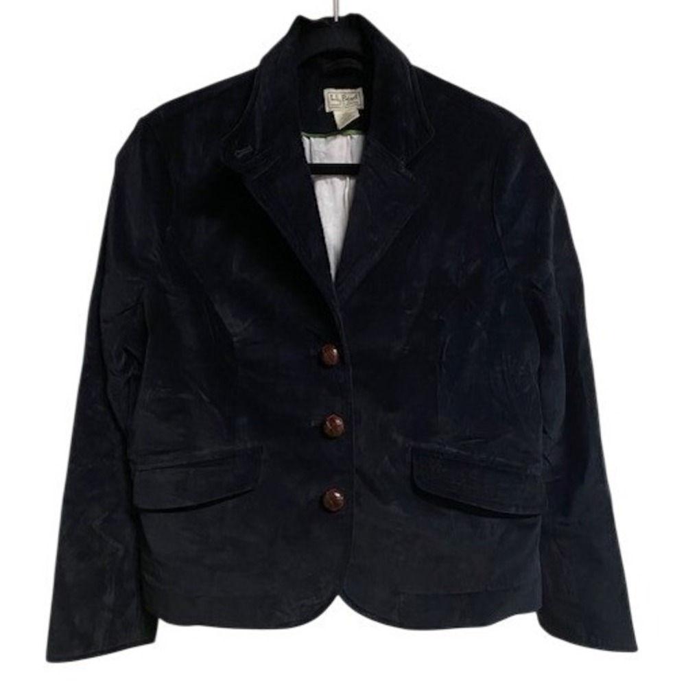 LLBean Womens Velvet Blazer Jacket Black Button Front Petite Size 14 0JRC9